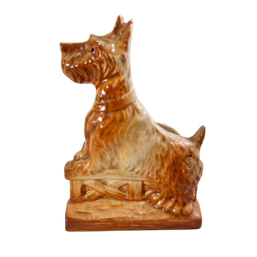Vintage Ceramic Scottie Dog Planter Scottish Terrier Figurine Brown READ Glaze